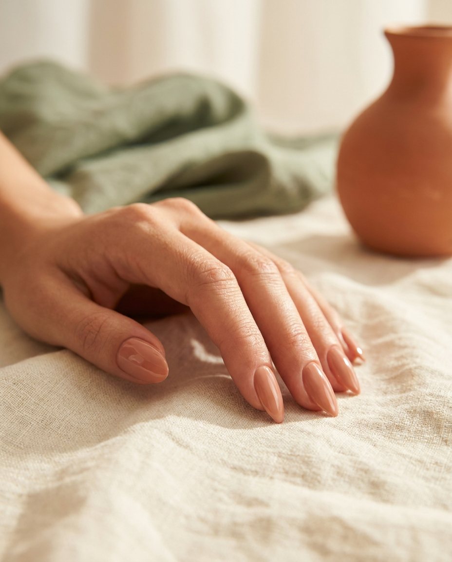 Natuurlijke gellak manicure in een zachte terracotta tint